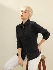 Women Black Denim Slim Fit Shirt