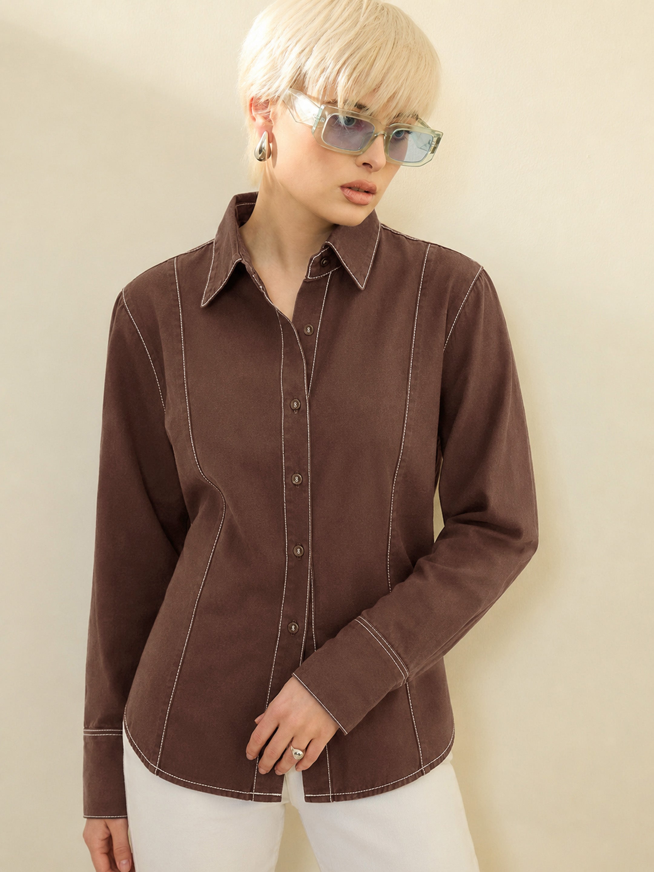 DesiQlo Brown Wash Denim Slim Fit Shirt - Brown