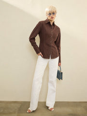 Women Brown Wash Denim Slim Fit Shirt