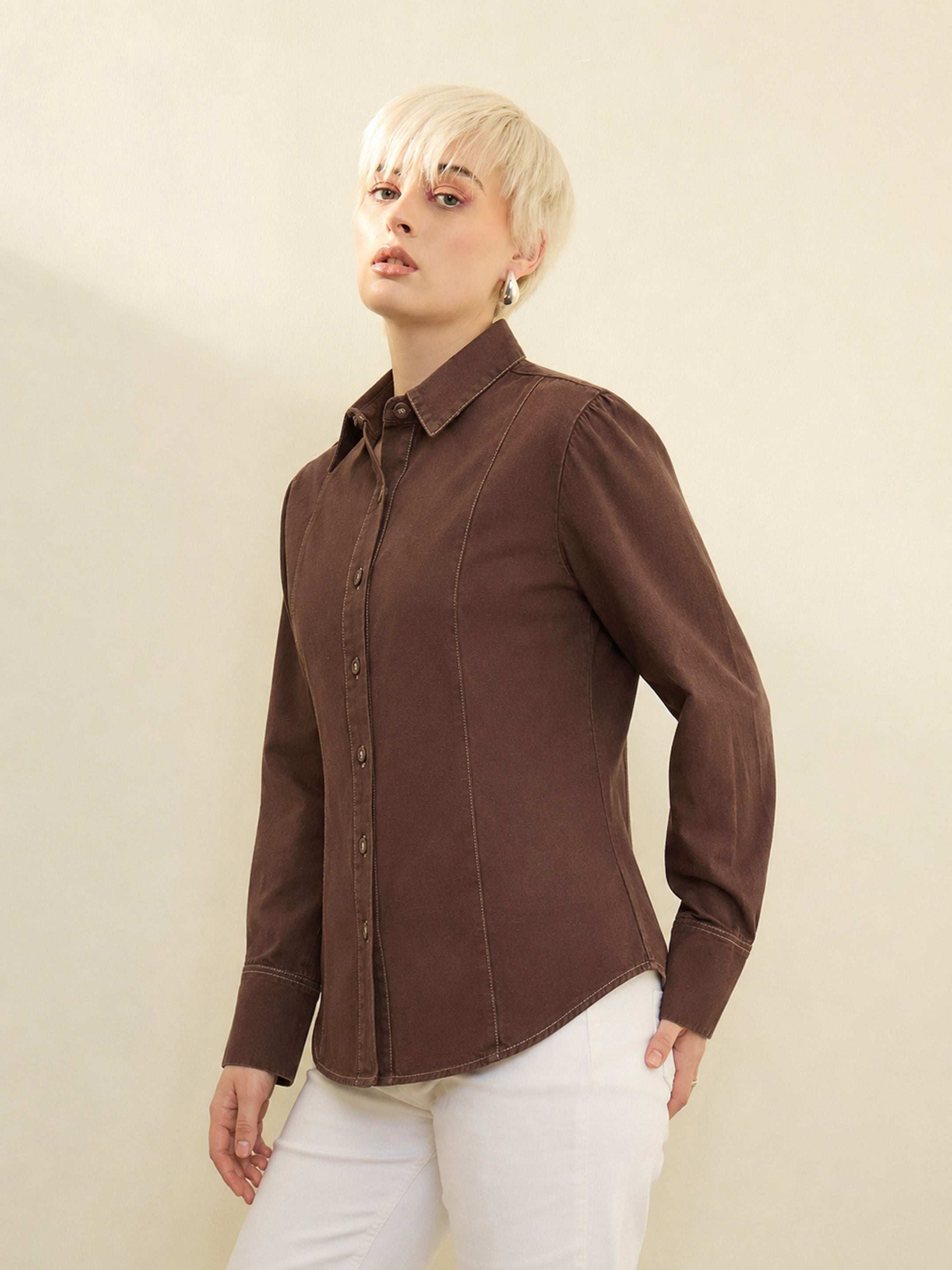 DesiQlo Brown Wash Denim Slim Fit Shirt - Brown