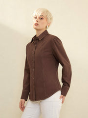 Women Brown Wash Denim Slim Fit Shirt