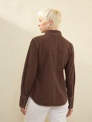 Women Brown Wash Denim Slim Fit Shirt