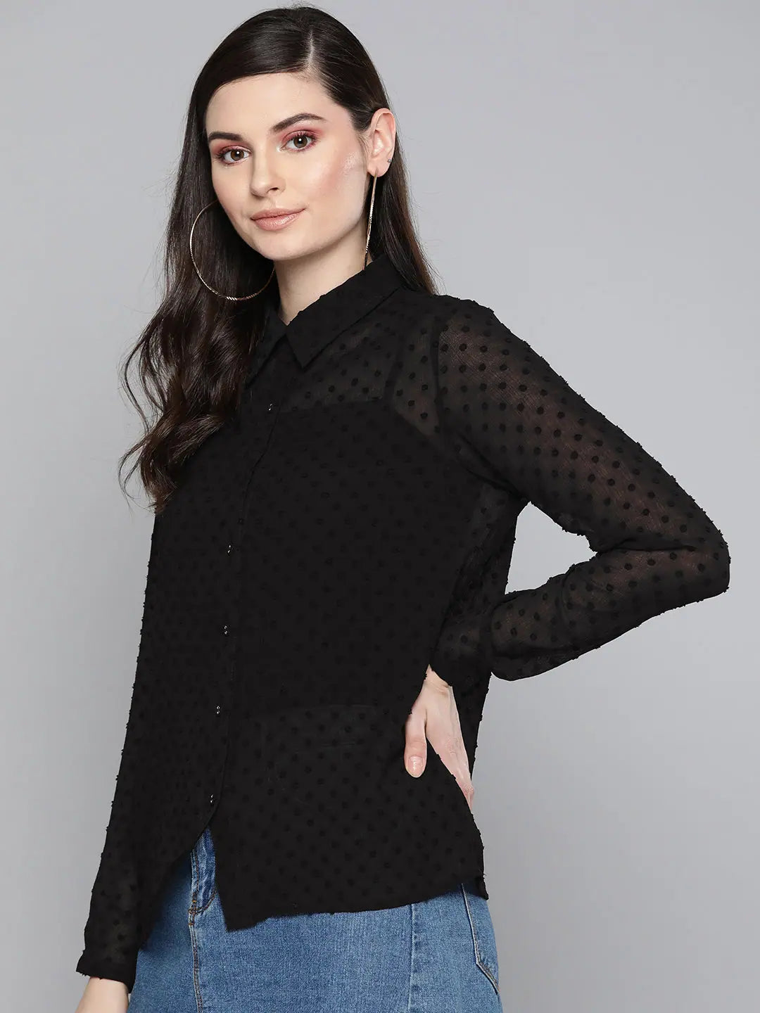 Black Sheer Dobby Shirt - Boxy Top in Swiss Dobby Fabric