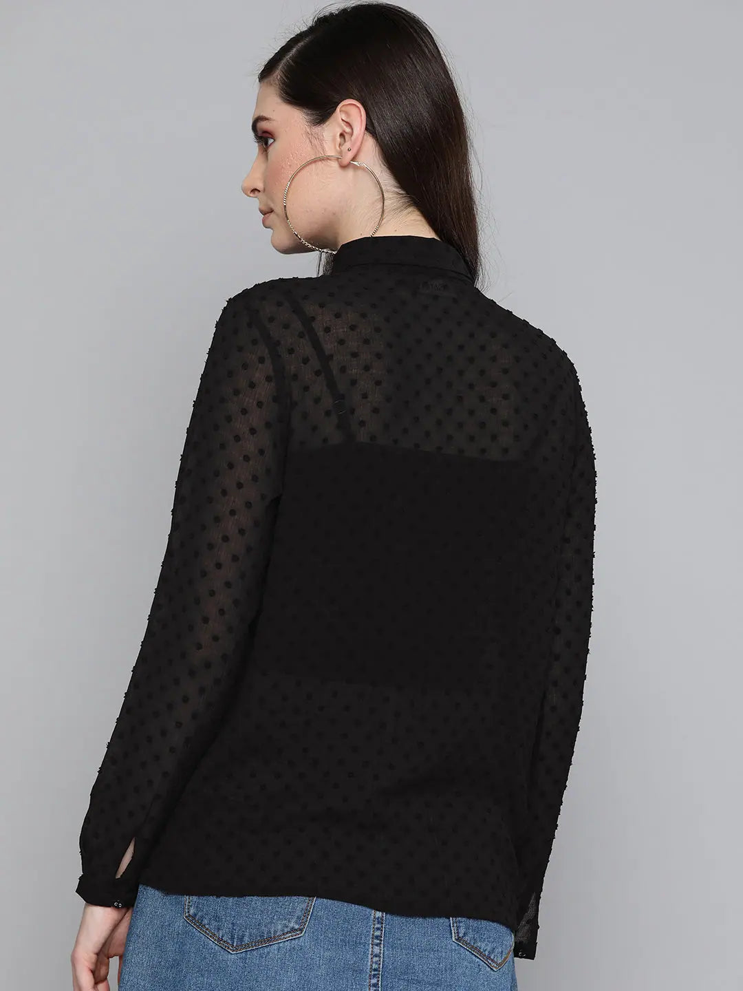 Black Sheer Dobby Shirt - Boxy Top in Swiss Dobby Fabric