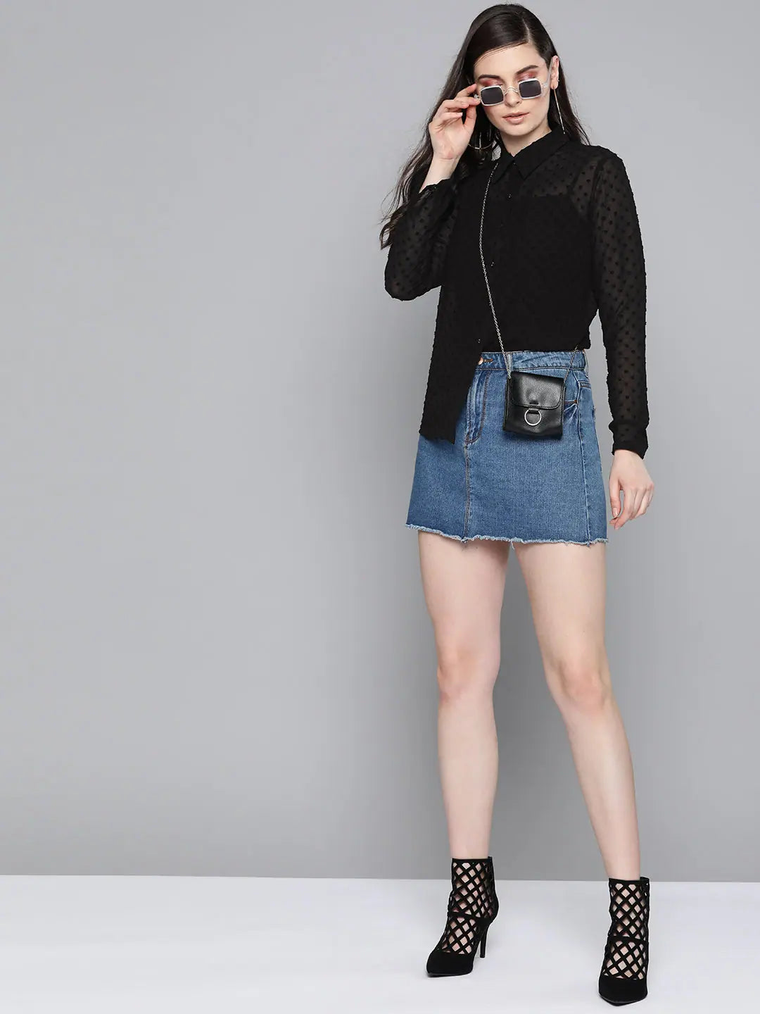Black Sheer Dobby Shirt - Boxy Top in Swiss Dobby Fabric