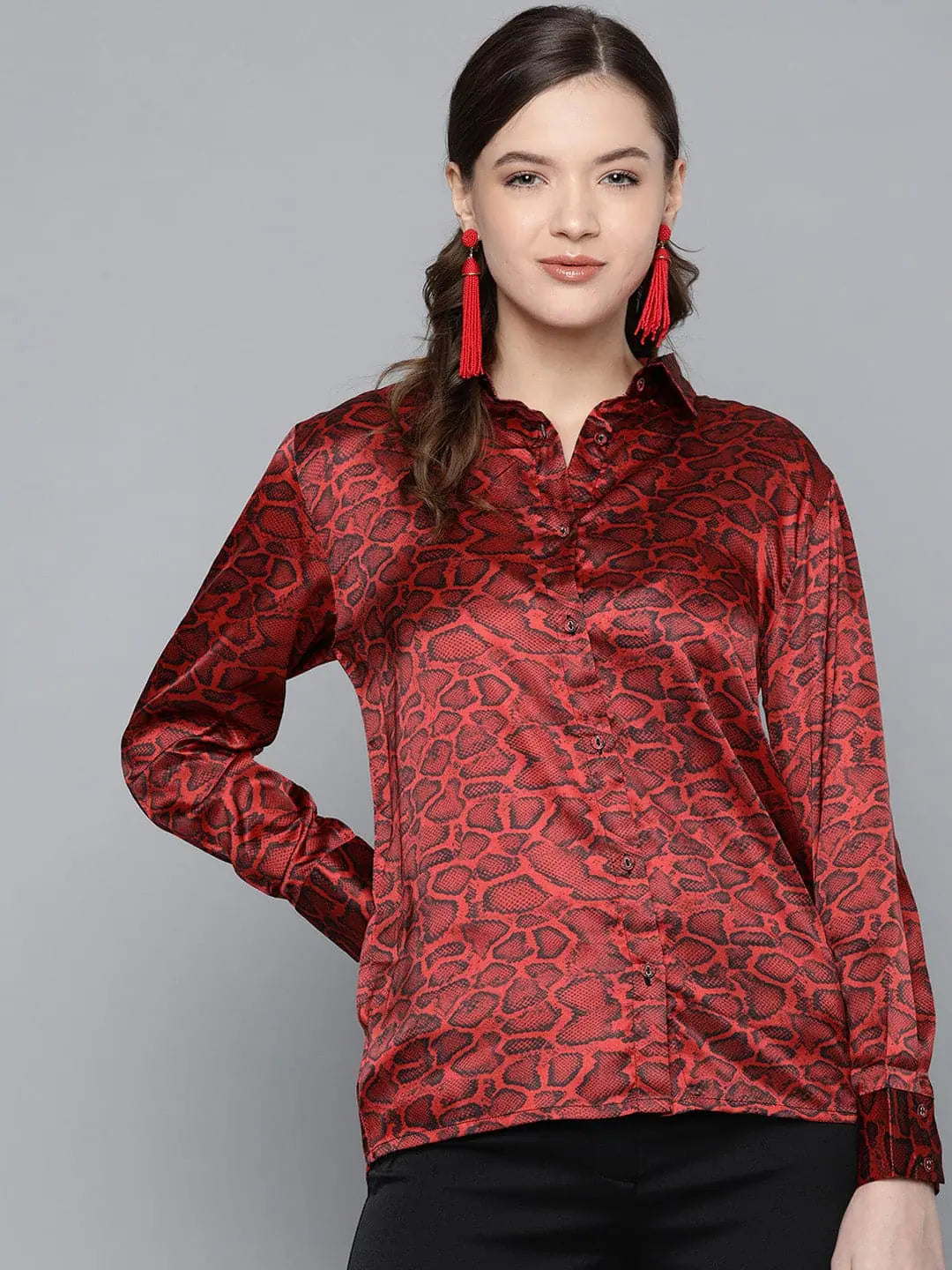 Red Animal Print Satin Shirt - Comfort Fit Button-Down