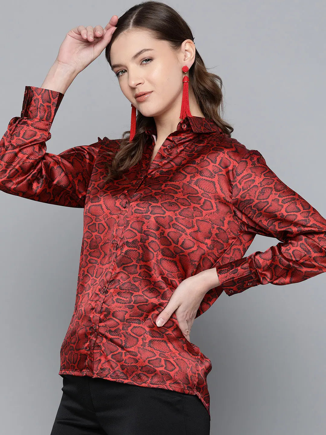 Red Animal Print Satin Shirt - Comfort Fit Button-Down