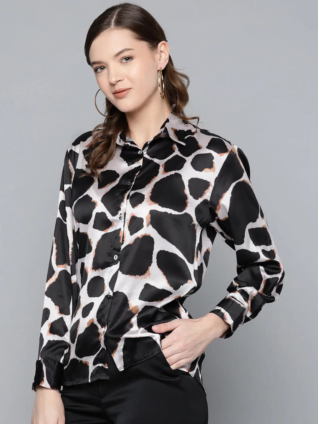 Nude Animal Print Satin Shirt - Comfortable Printed Design