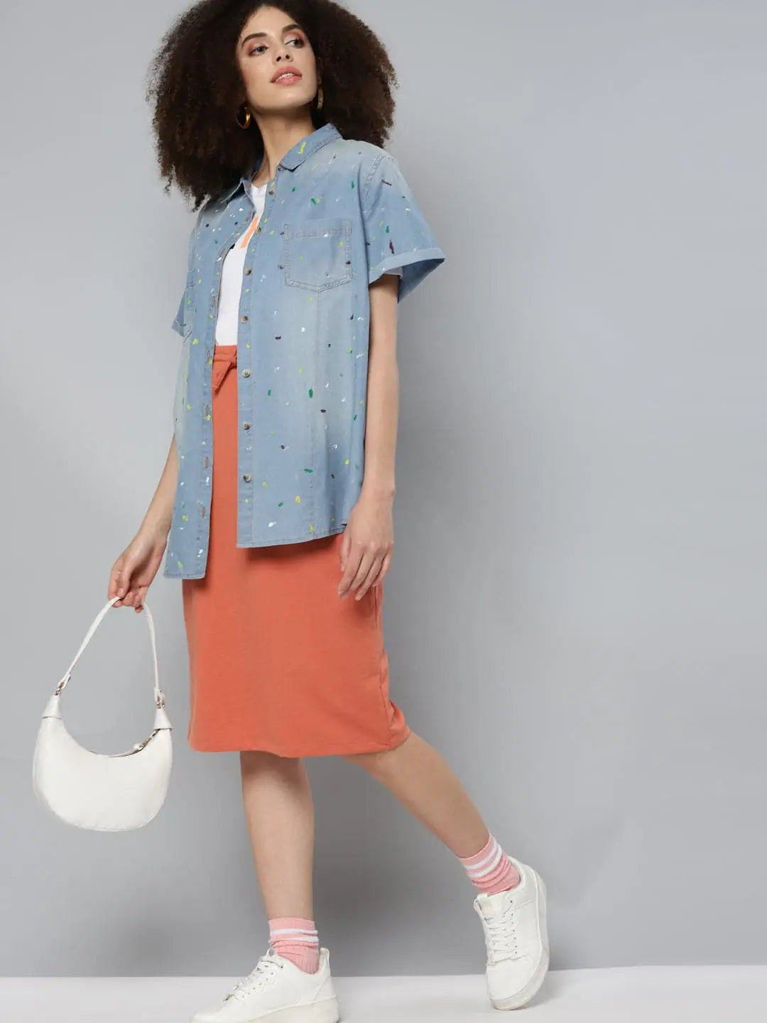 Ice-Blue Denim Paint Boxy Shirt | Designer Women's Style
