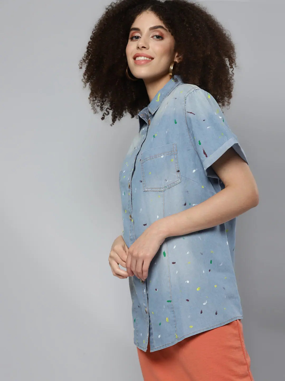 Ice-Blue Denim Paint Boxy Shirt | Designer Women's Style