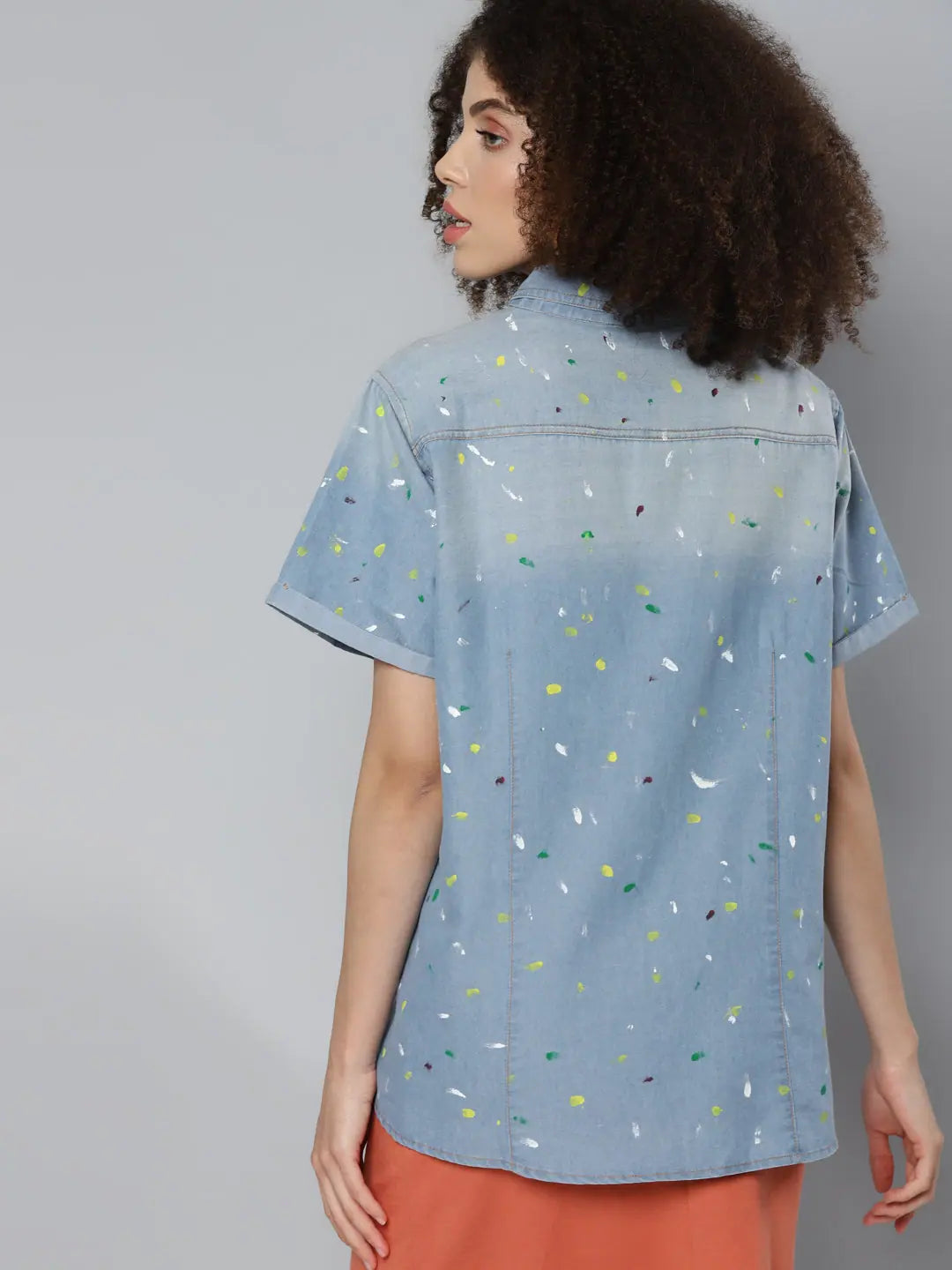 Ice-Blue Denim Paint Boxy Shirt | Designer Women's Style