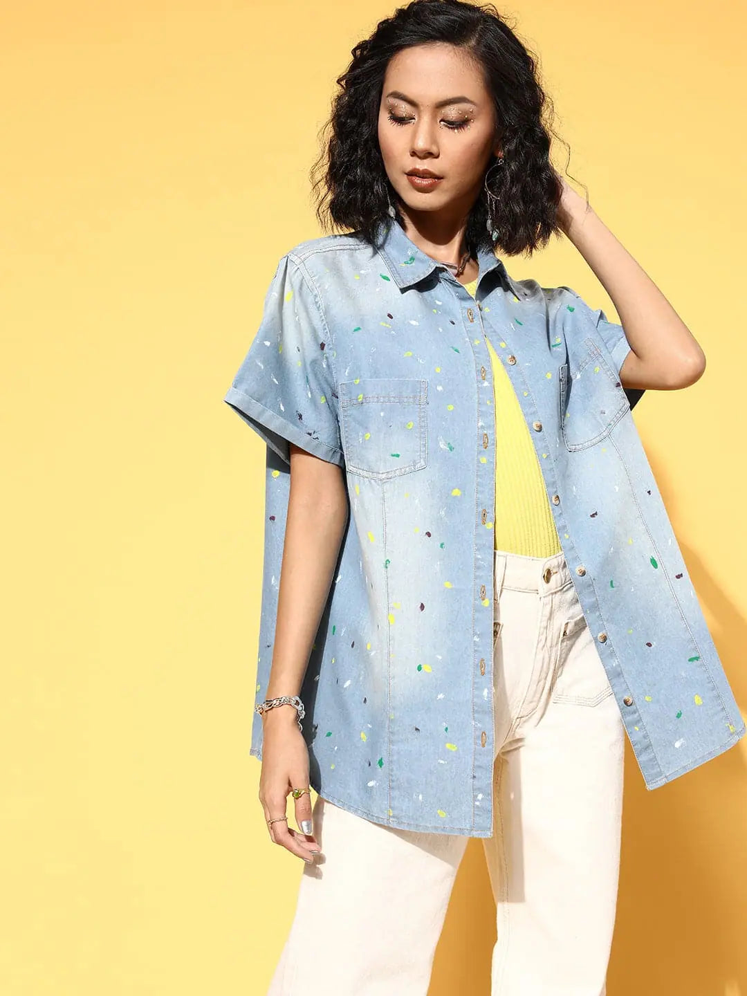 Ice-Blue Denim Paint Boxy Shirt - Women's Casual Style