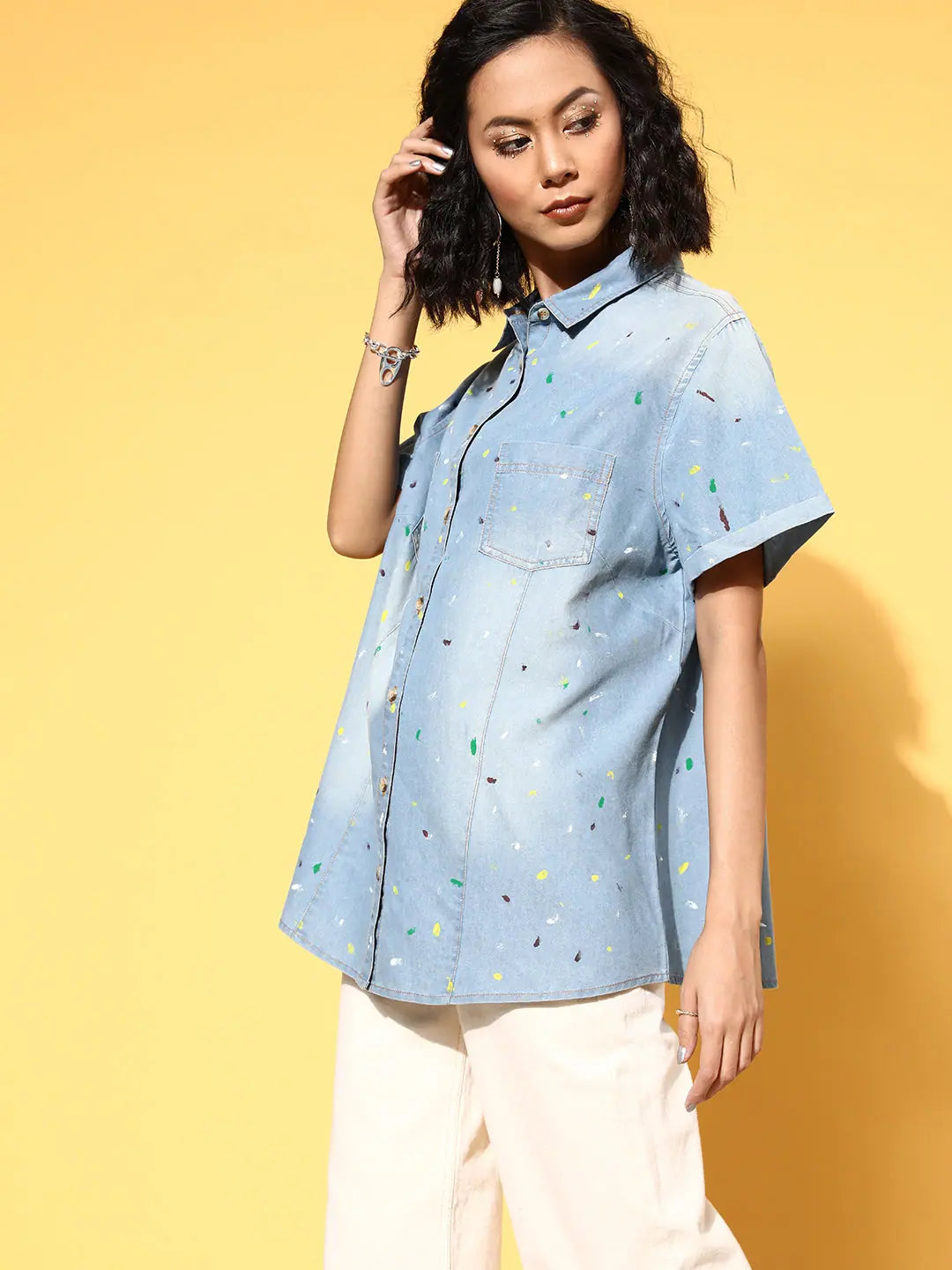 Ice-Blue Denim Paint Boxy Shirt - Women's Casual Style