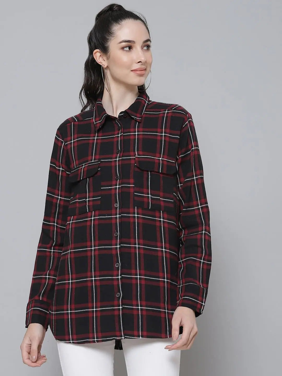 Black Plaid Check Boyfriend Shirt | Classic Cotton Casual Top