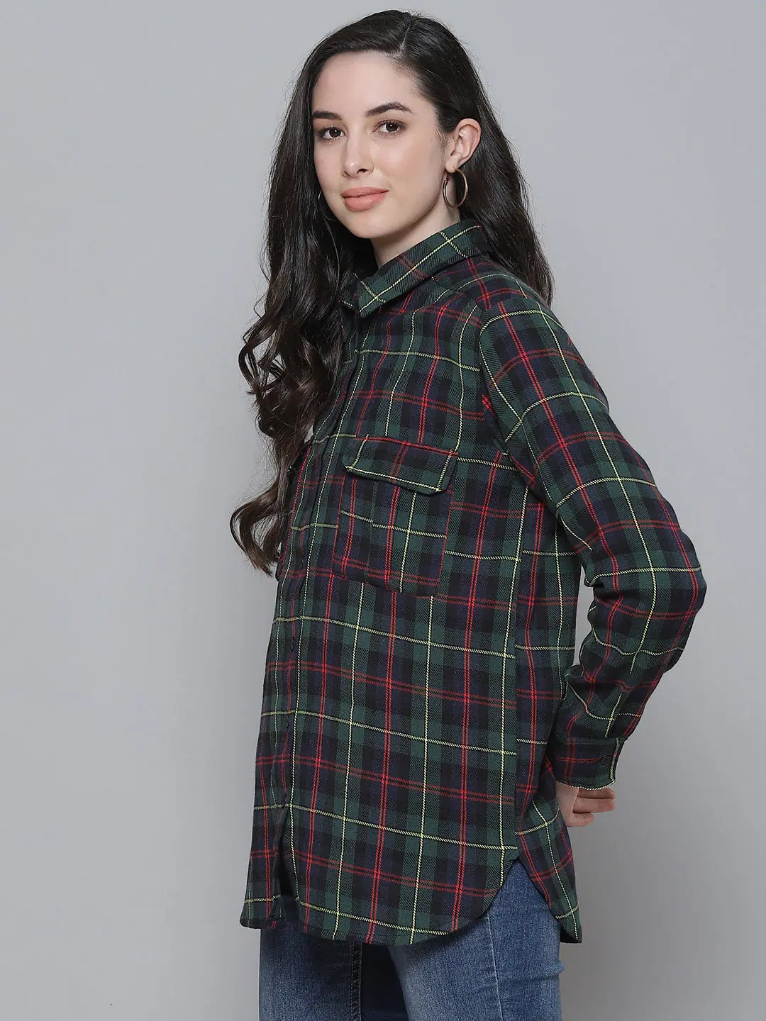 Green Plaid Check Boyfriend Shirt | Casual Cotton Twill Top
