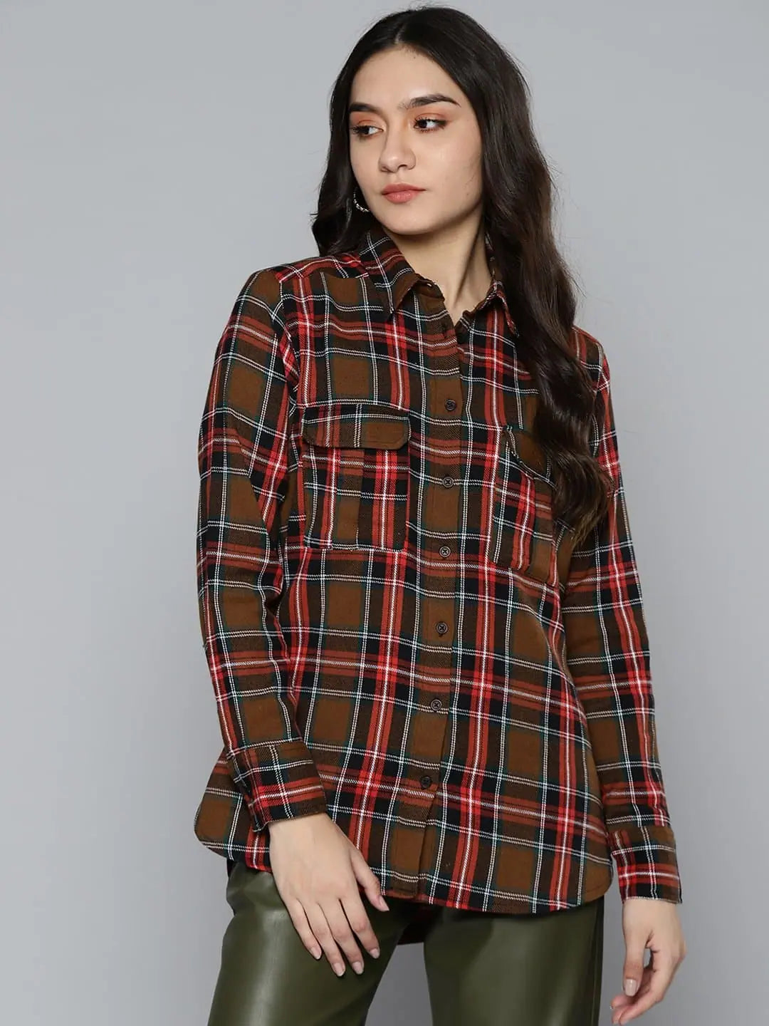Brown Plaid Check Boyfriend Shirt | Cotton Twill Casual Top