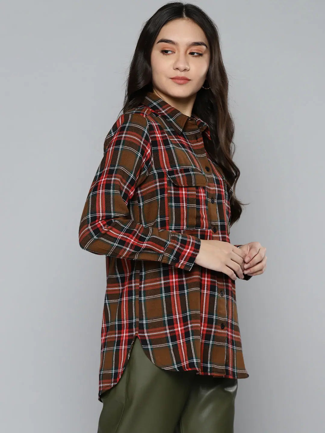 Brown Plaid Check Boyfriend Shirt | Cotton Twill Casual Top
