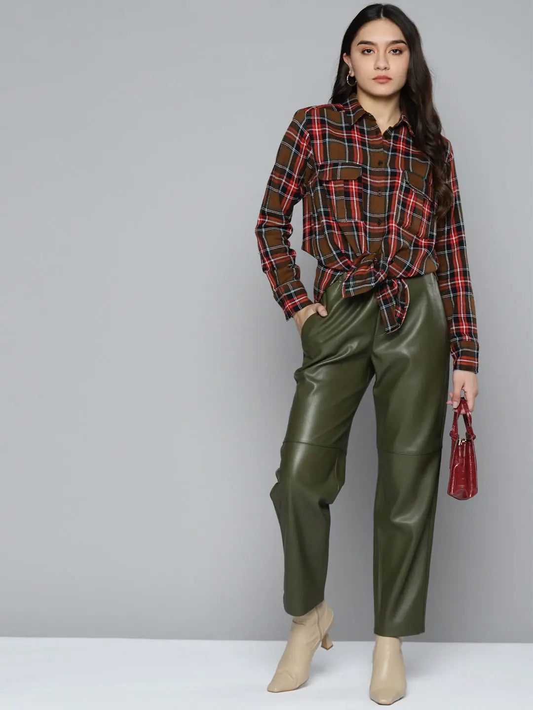 Brown Plaid Check Boyfriend Shirt | Cotton Twill Casual Top