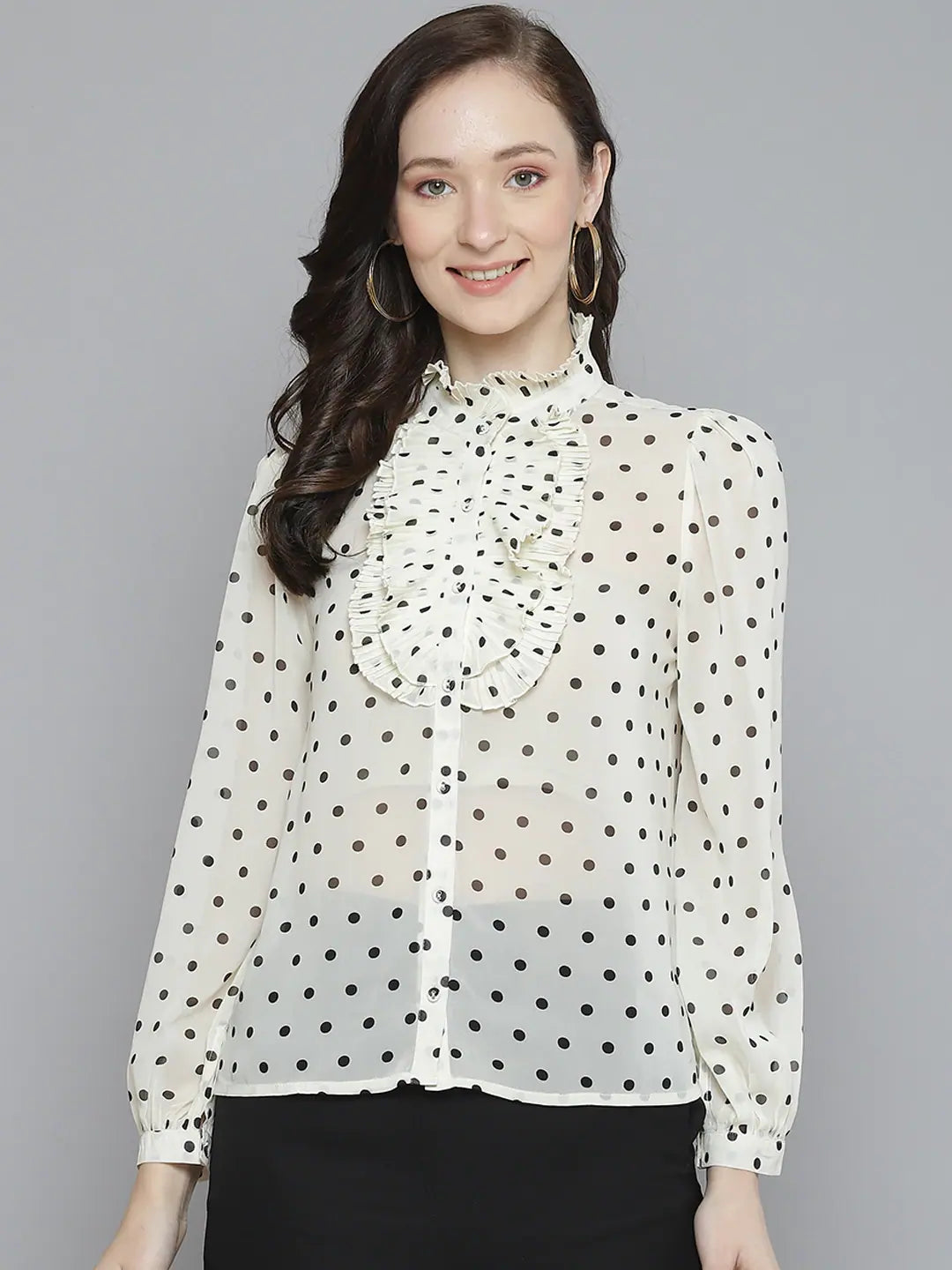 White Polka Dot Pleated Collar Shirt | Women's Designer Top