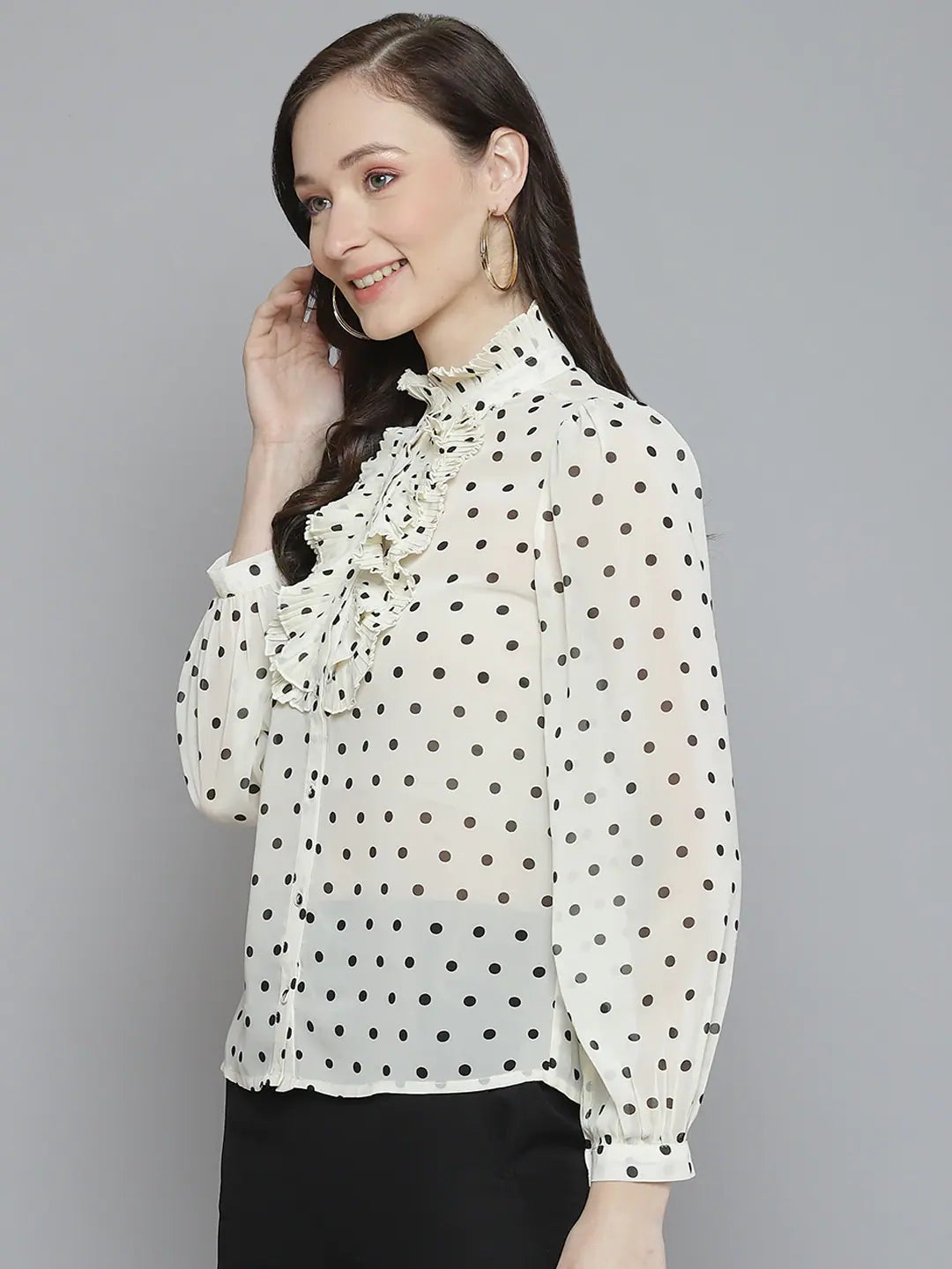 White Polka Dot Pleated Collar Shirt | Women's Designer Top