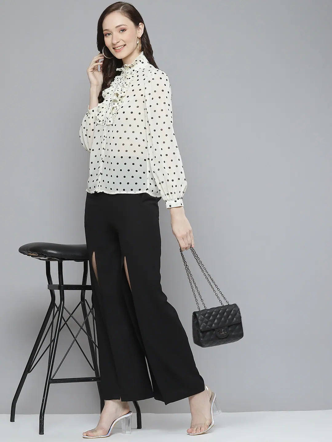 White Polka Dot Pleated Collar Shirt | Women's Designer Top