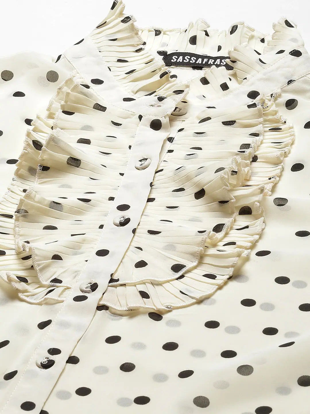 White Polka Dot Pleated Collar Shirt | Women's Designer Top