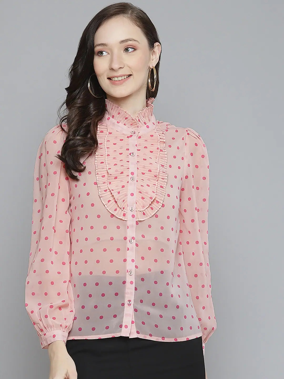Pink Polka Dot Pleated Collar Shirt | Women's Fashion Top