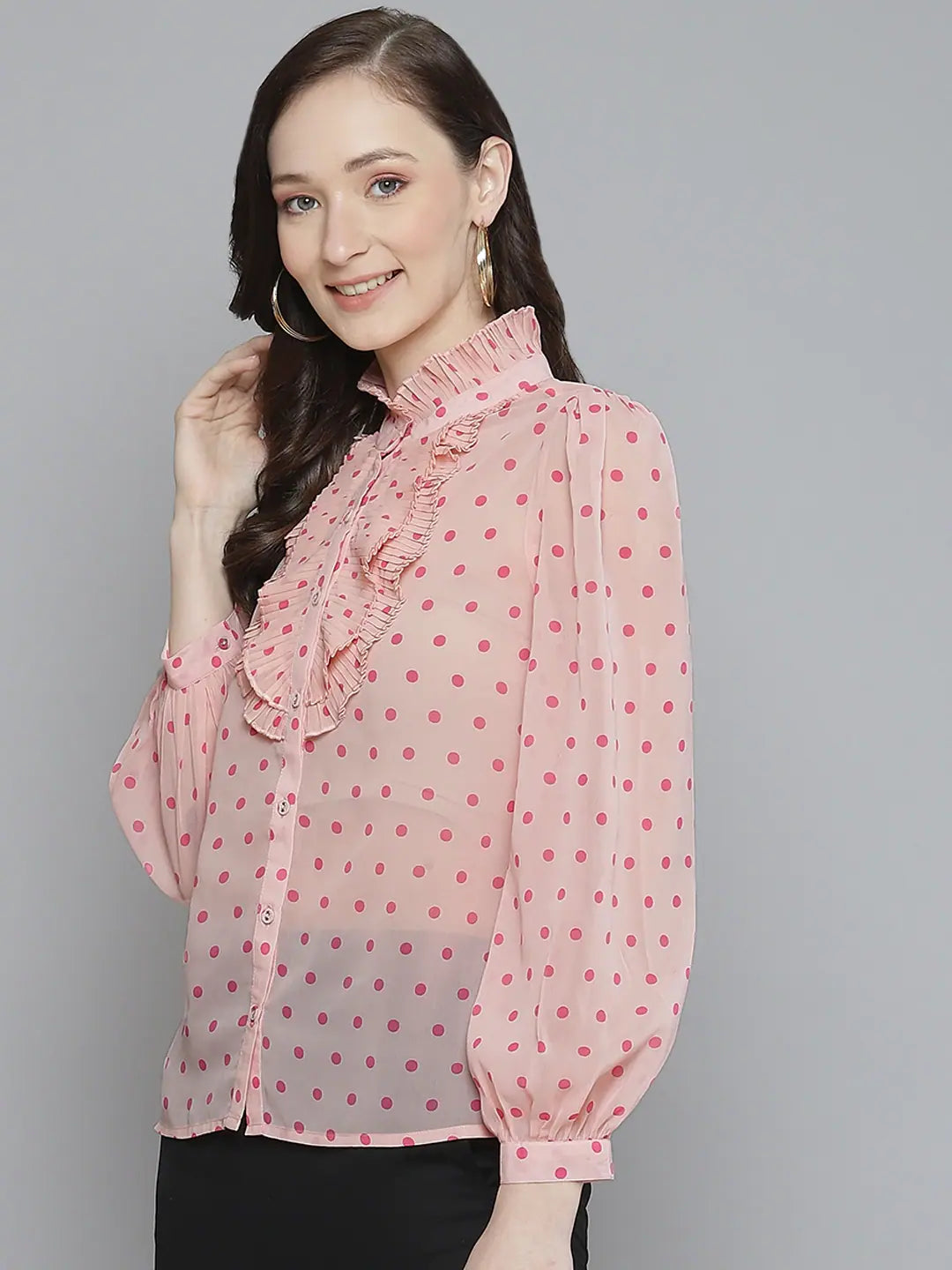 Pink Polka Dot Pleated Collar Shirt | Women's Fashion Top