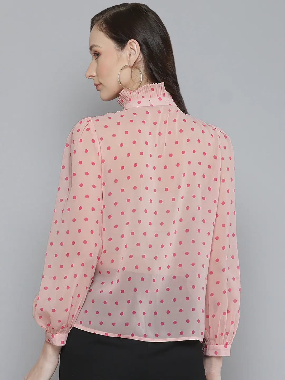 Pink Polka Dot Pleated Collar Shirt | Women's Fashion Top