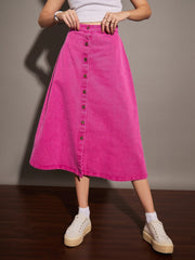 Women Pink Washed Denim A-Line Skirt-SFSKRT30393