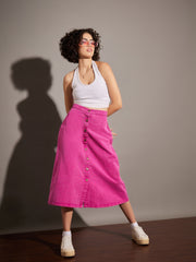 Women Pink Washed Denim A-Line Skirt-SFSKRT30393