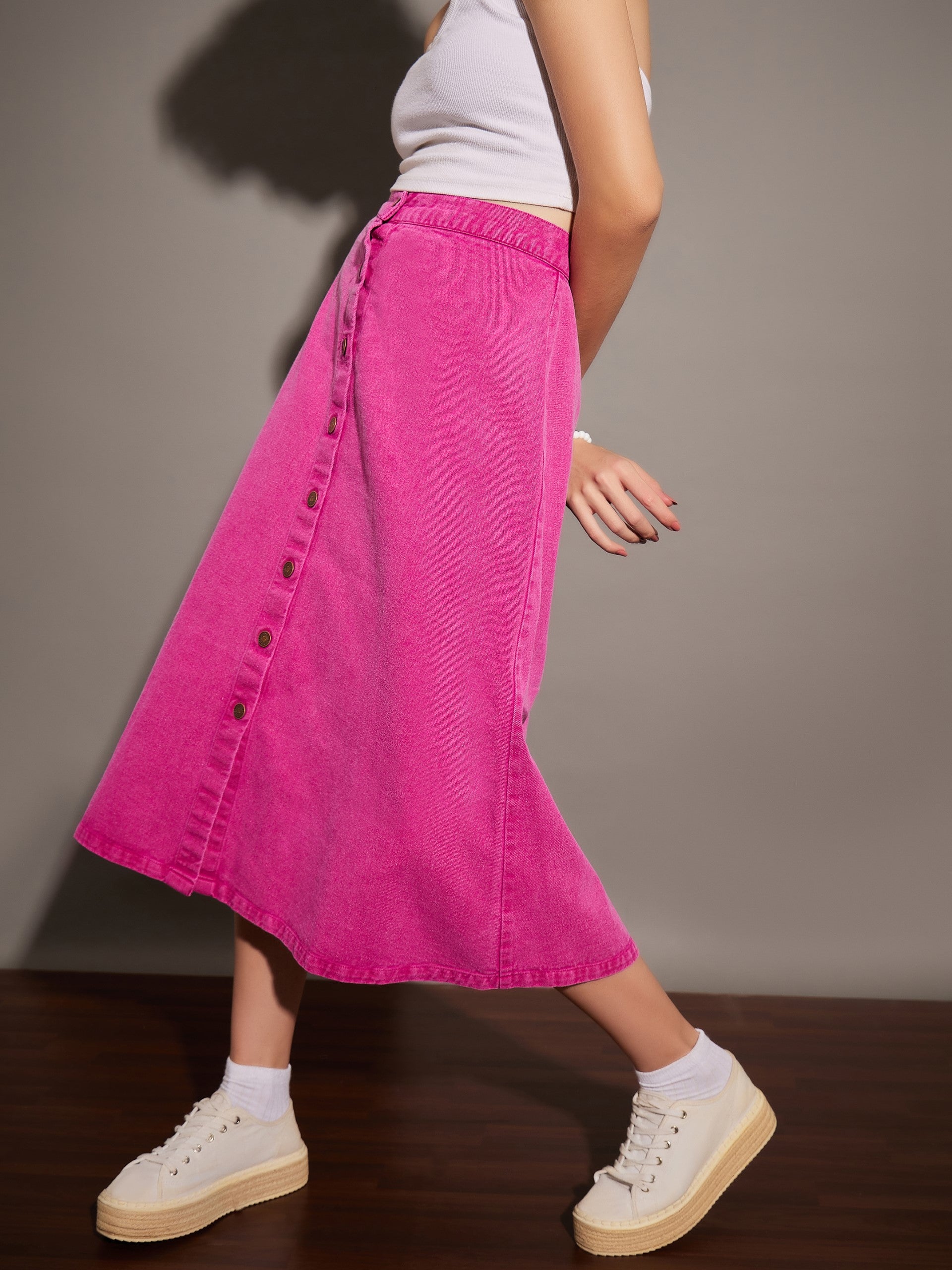 Women Pink Washed Denim A-Line Skirt-SFSKRT30393