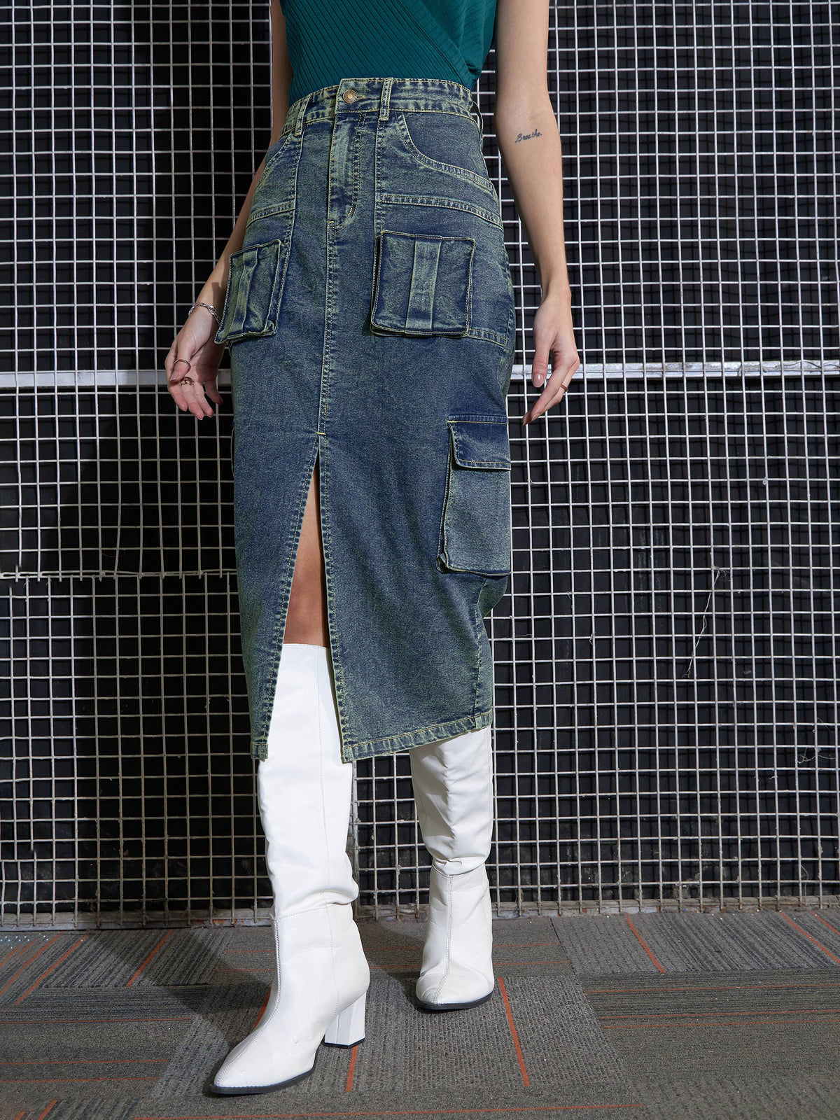 Women Green Washed Denim Box Pocket Midi Skirt-SFSKRT30429