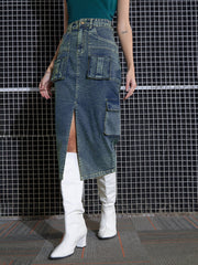 Women Green Washed Denim Box Pocket Midi Skirt-SFSKRT30429