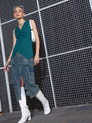 Women Green Washed Denim Box Pocket Midi Skirt-SFSKRT30429