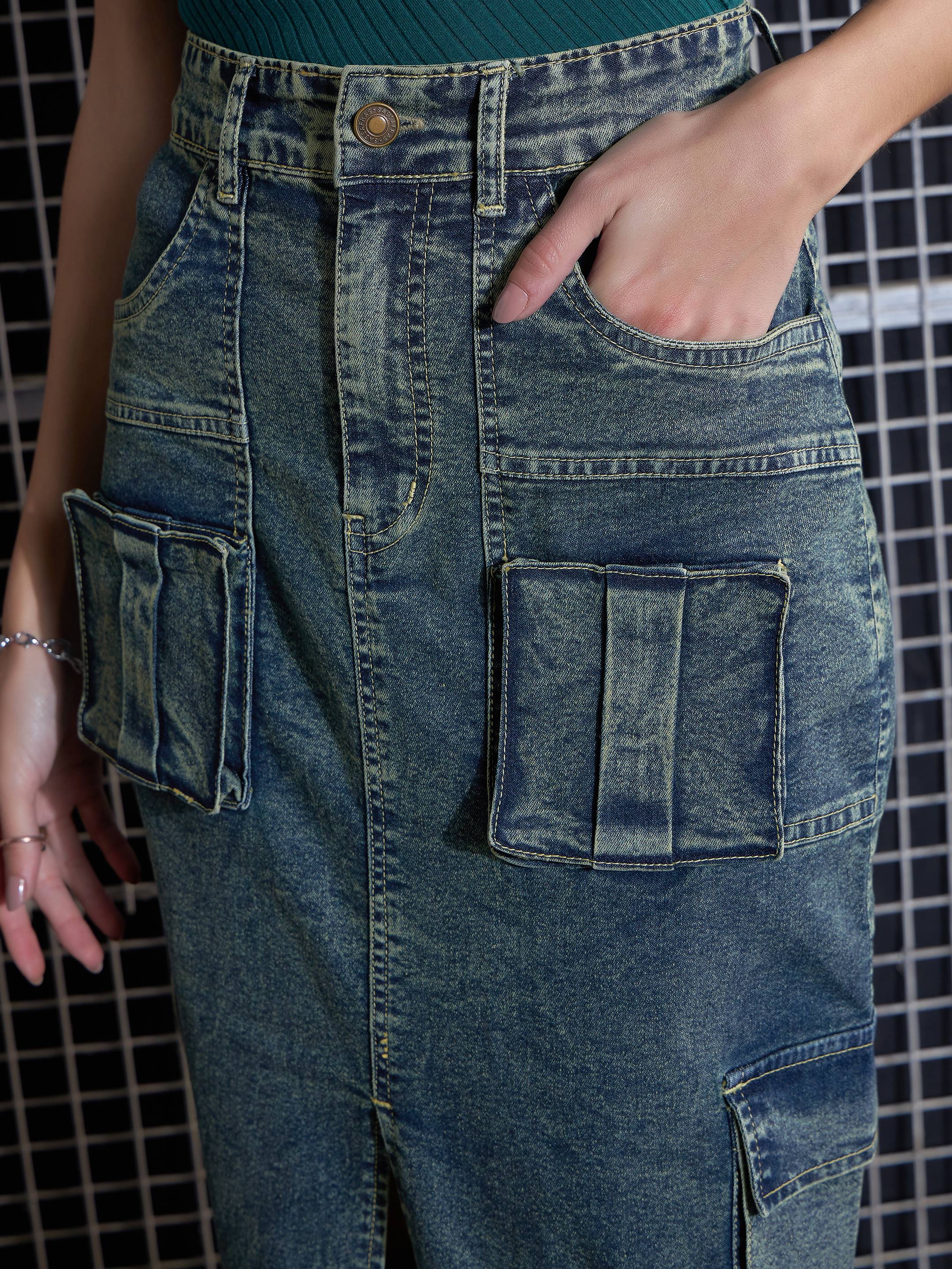 Women Green Washed Denim Box Pocket Midi Skirt-SFSKRT30429