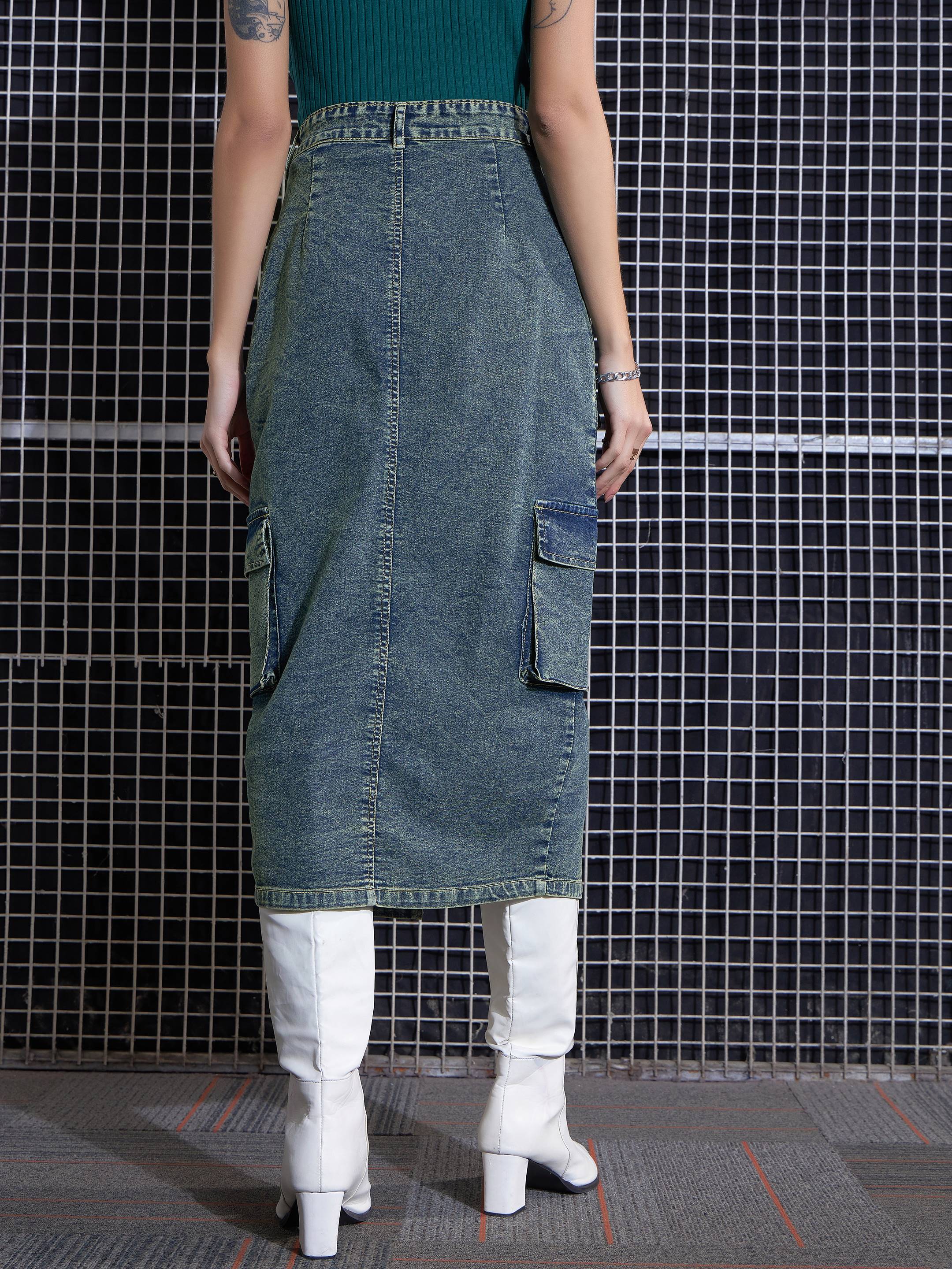 Women Green Washed Denim Box Pocket Midi Skirt-SFSKRT30429