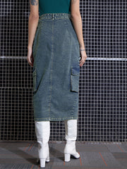 Women Green Washed Denim Box Pocket Midi Skirt-SFSKRT30429