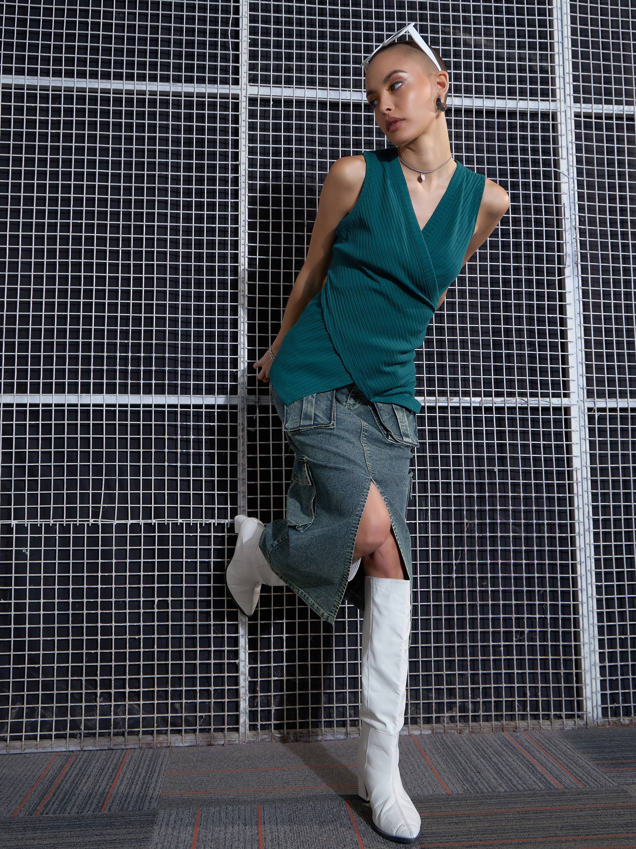 Women Green Washed Denim Box Pocket Midi Skirt-SFSKRT30429