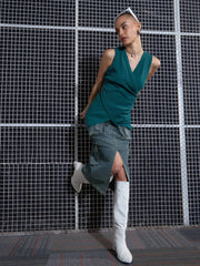 Women Green Washed Denim Box Pocket Midi Skirt-SFSKRT30429