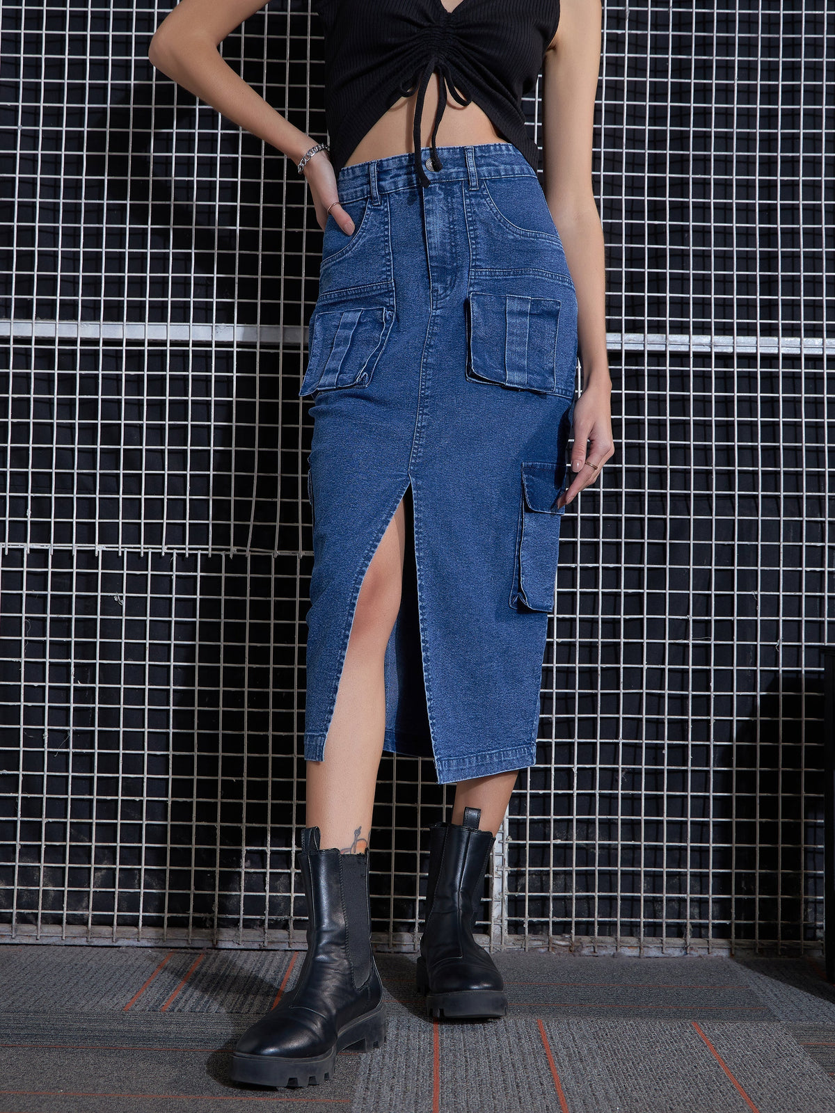 Women Blue Washed Denim Box Pocket Midi Skirt-SFSKRT30430