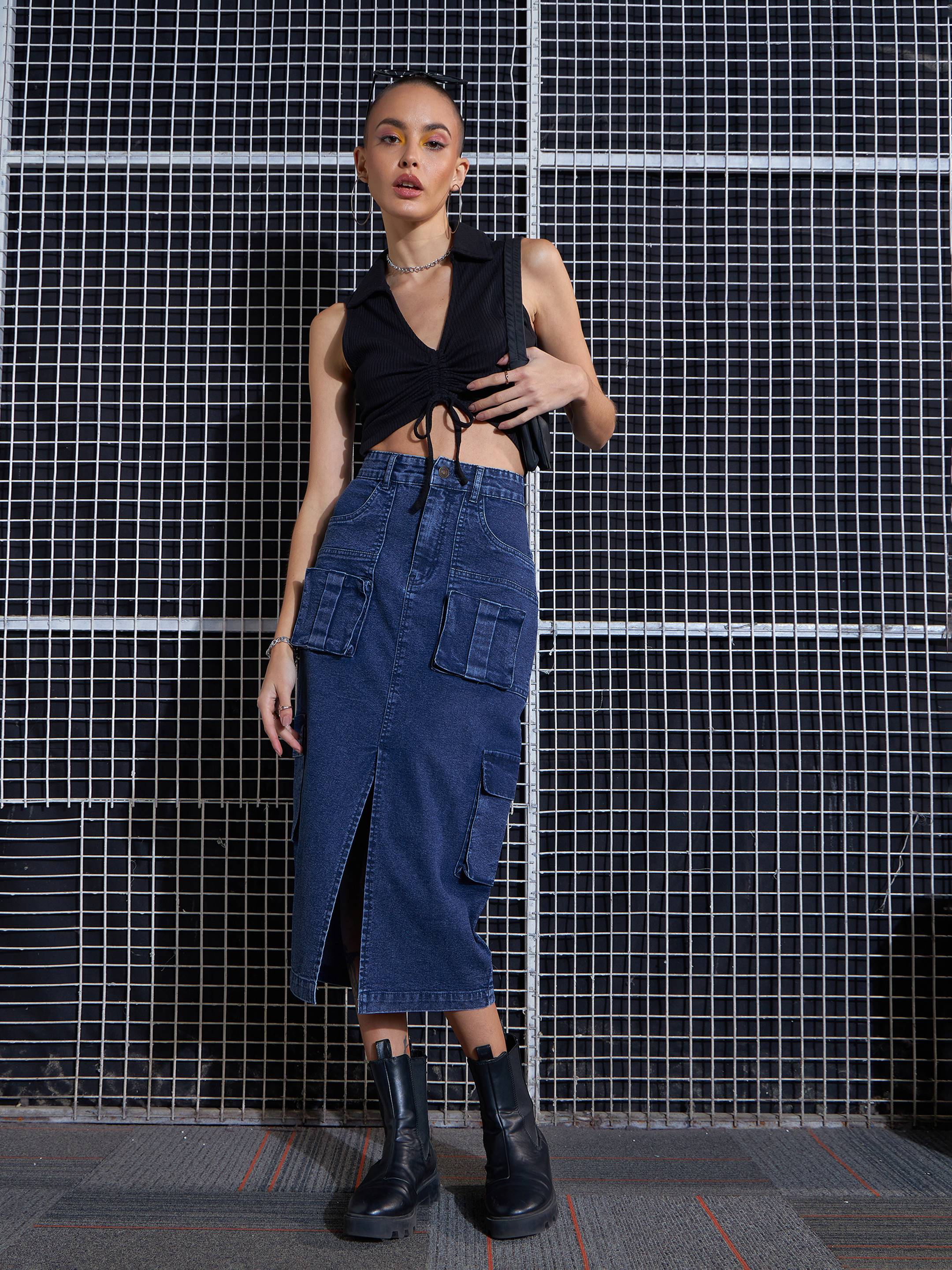 Women Blue Washed Denim Box Pocket Midi Skirt-SFSKRT30430