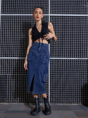 Women Blue Washed Denim Box Pocket Midi Skirt-SFSKRT30430