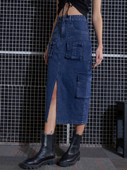 Women Blue Washed Denim Box Pocket Midi Skirt-SFSKRT30430