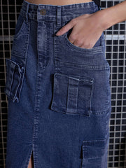 Women Blue Washed Denim Box Pocket Midi Skirt-SFSKRT30430