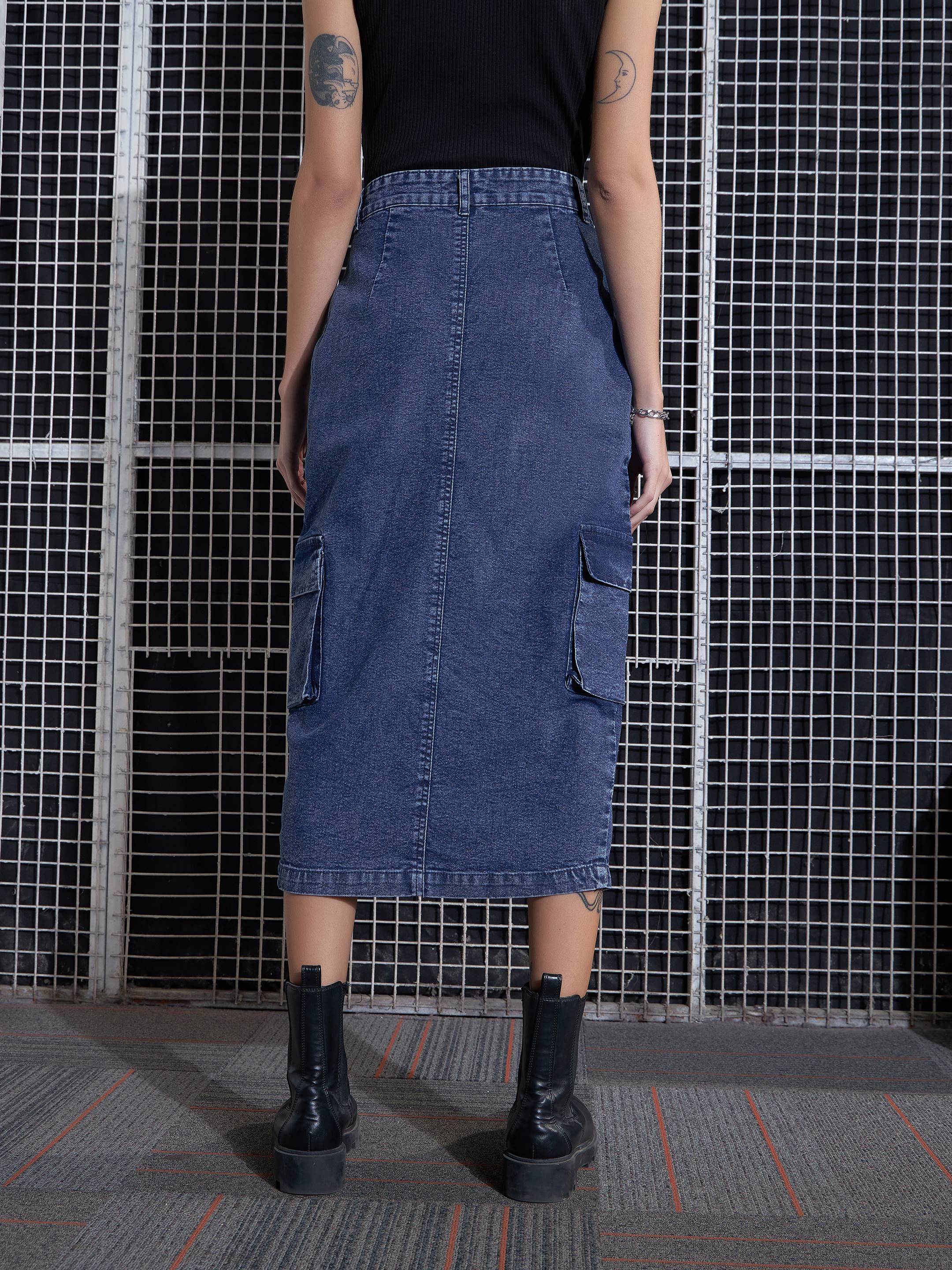 Women Blue Washed Denim Box Pocket Midi Skirt-SFSKRT30430