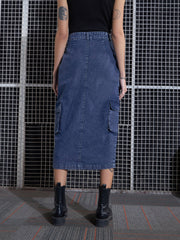 Women Blue Washed Denim Box Pocket Midi Skirt-SFSKRT30430