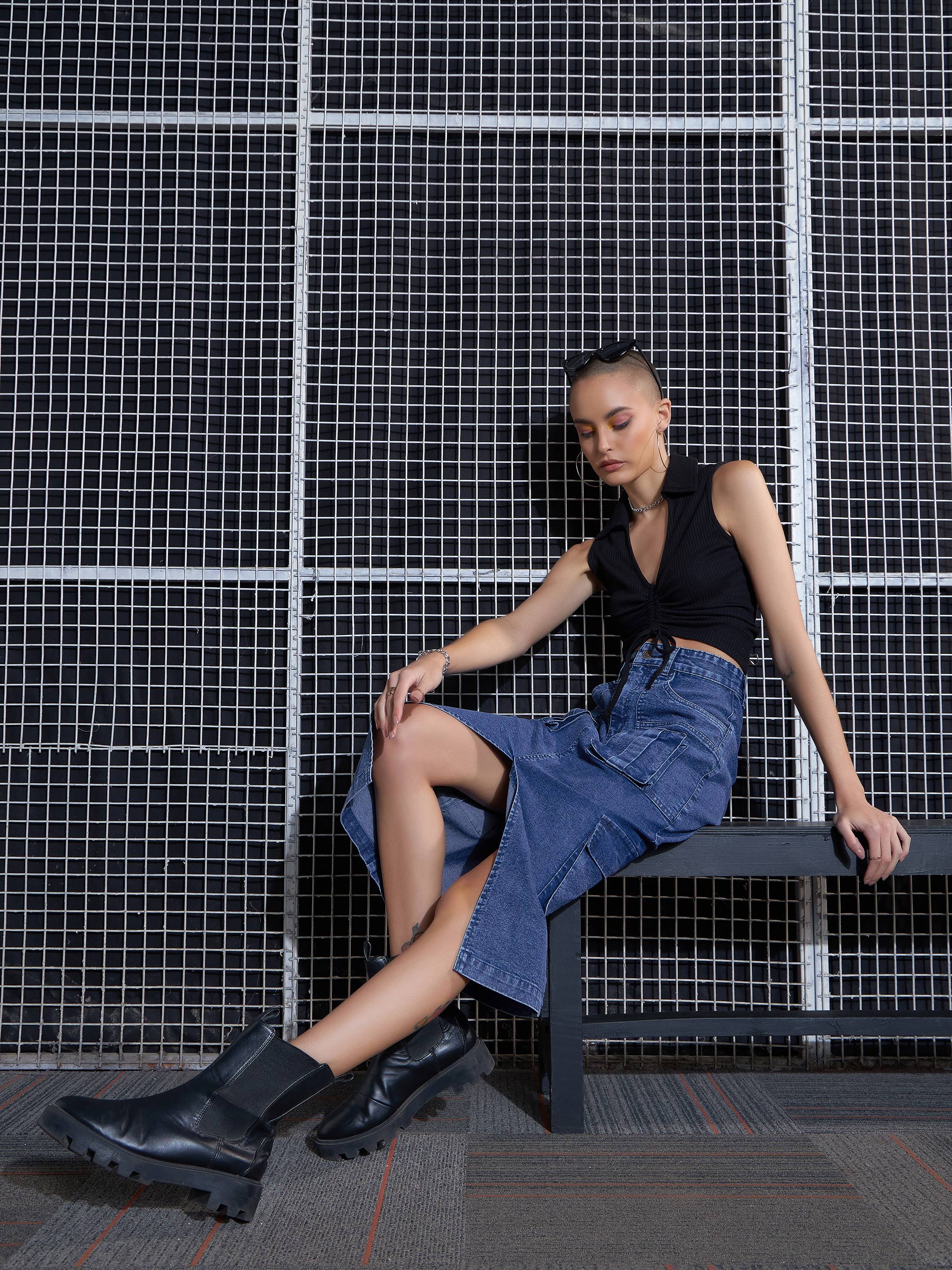 Women Blue Washed Denim Box Pocket Midi Skirt-SFSKRT30430