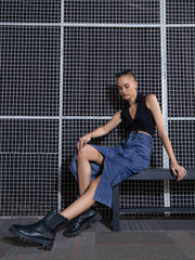 Women Blue Washed Denim Box Pocket Midi Skirt-SFSKRT30430