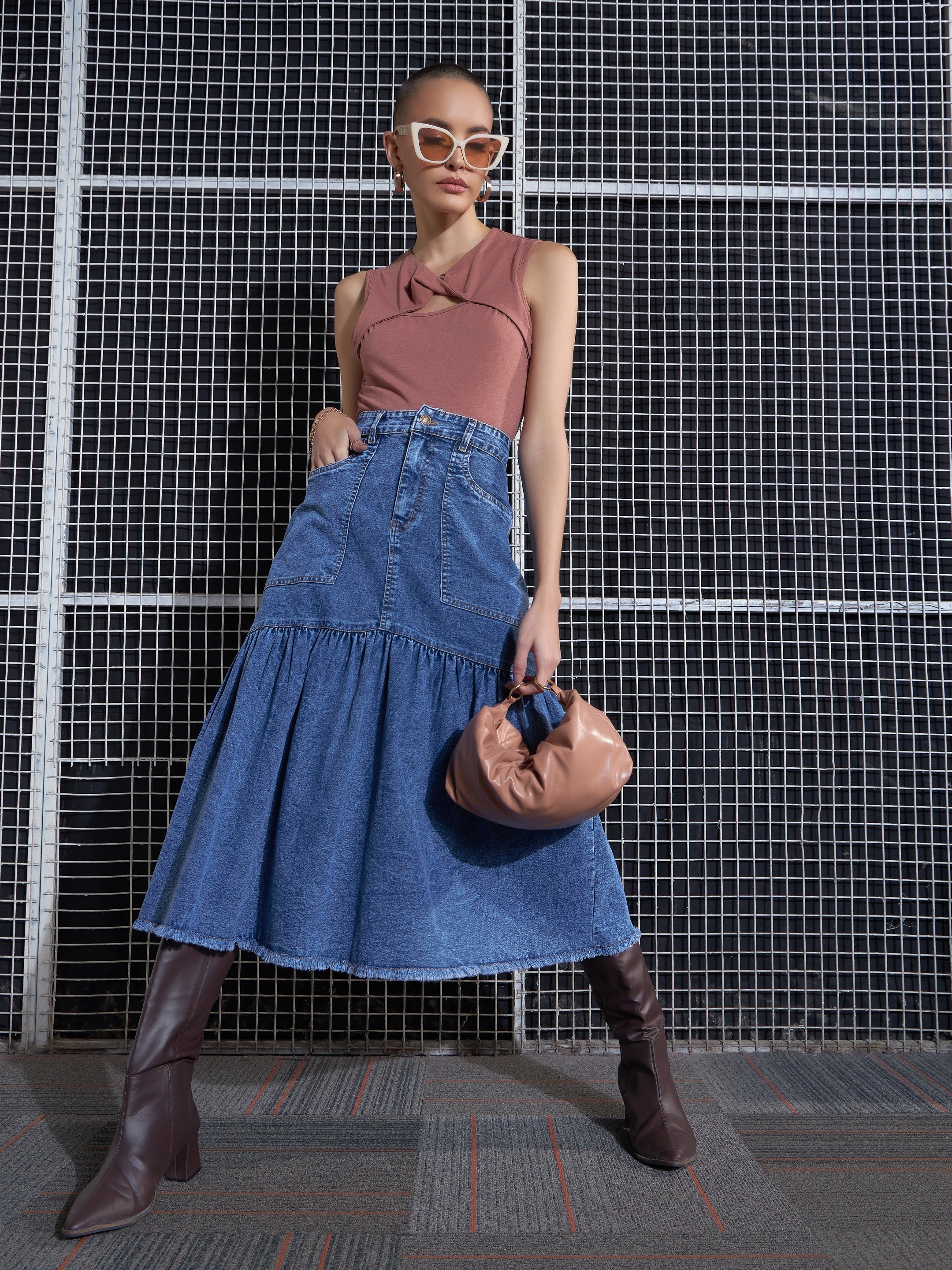 Women Blue Blast Denim Flared Midi Skirt-SFSKRT30431